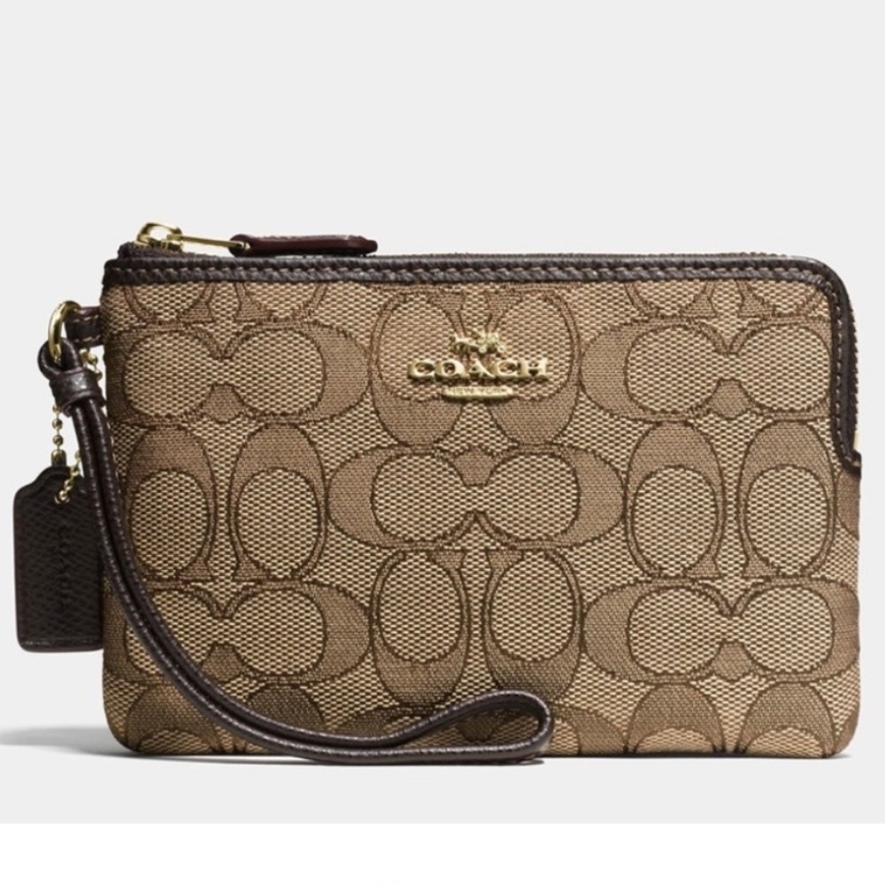 COACH Corner Zipped Wristlet In Signature Jacquard Canvas Leather Trim NEW